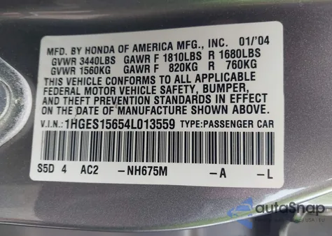 2004 Honda Civic Lx from USA, damaged, VIN 1HGES15654L013559